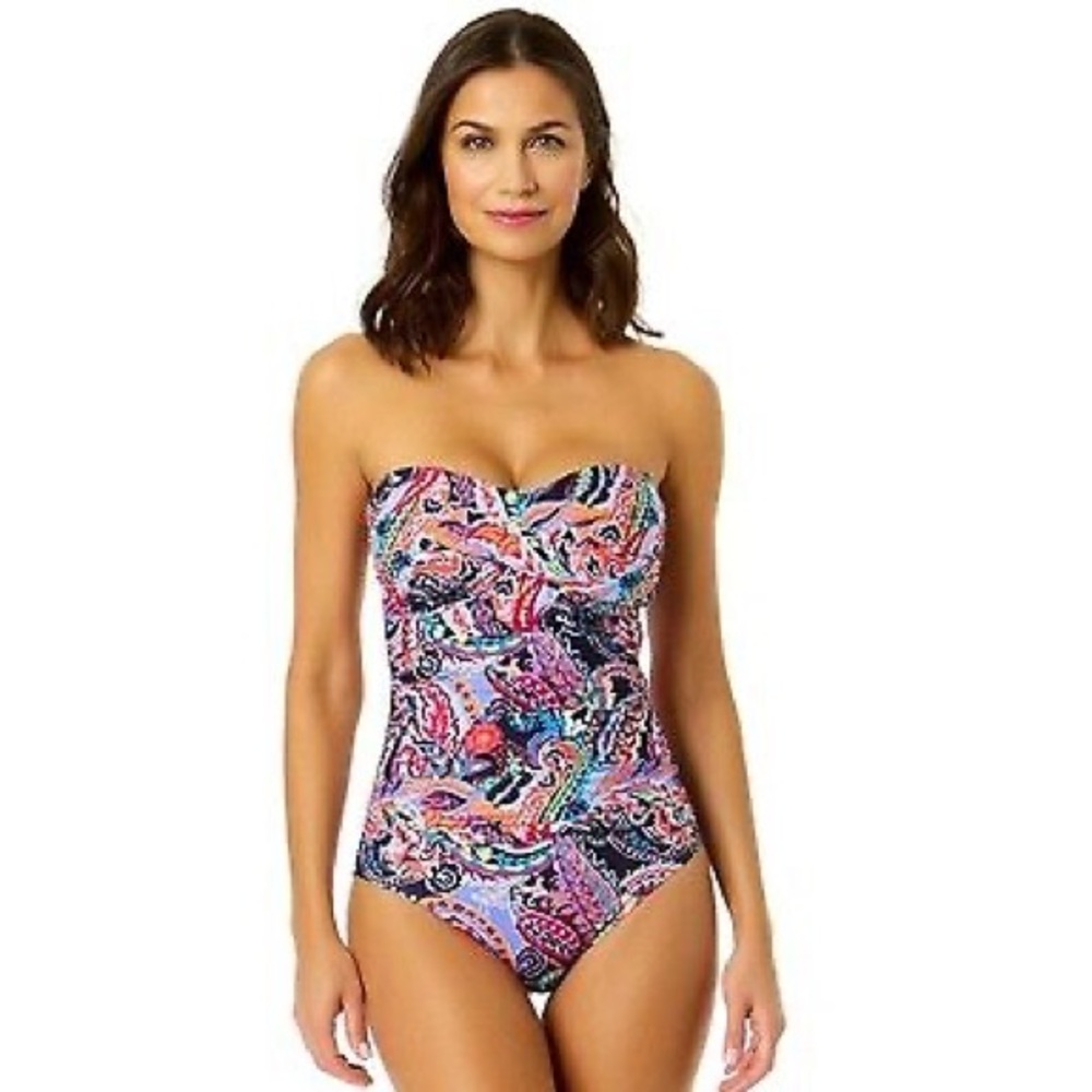 Anne Cole Women's Bandeau One Piece Swimsuit Halter Size 10 Swimwear UPF 50+